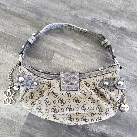 Blue Grey Monogrammed Guess Studded Sicily Handbag - Picture 2 of 5